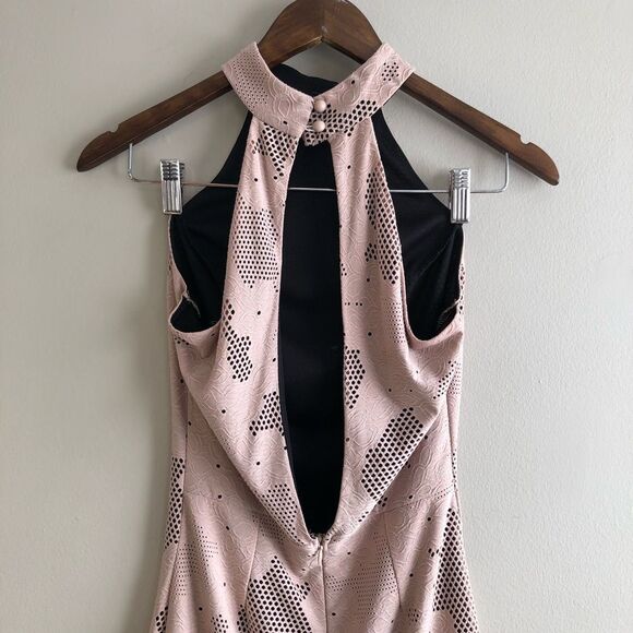 Mystic Vintage Mesh High Neck Fitted Bodycon Open Back Sleeveless Mini Dress Tan - Picture 9 of 14